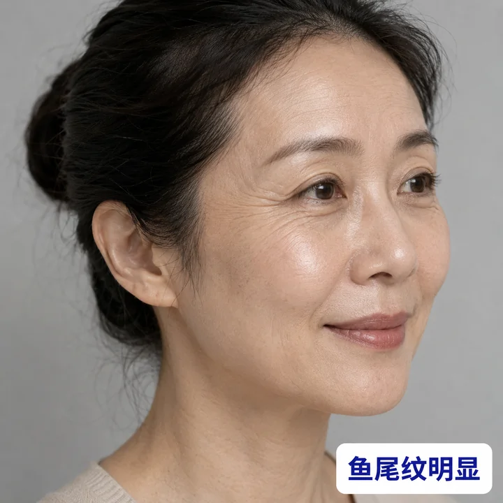 鱼尾纹明显